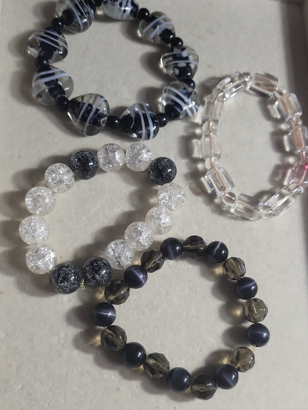 Assortment Of Glass & Acrylic Bead  Bracelets- Black, Clear, Gray